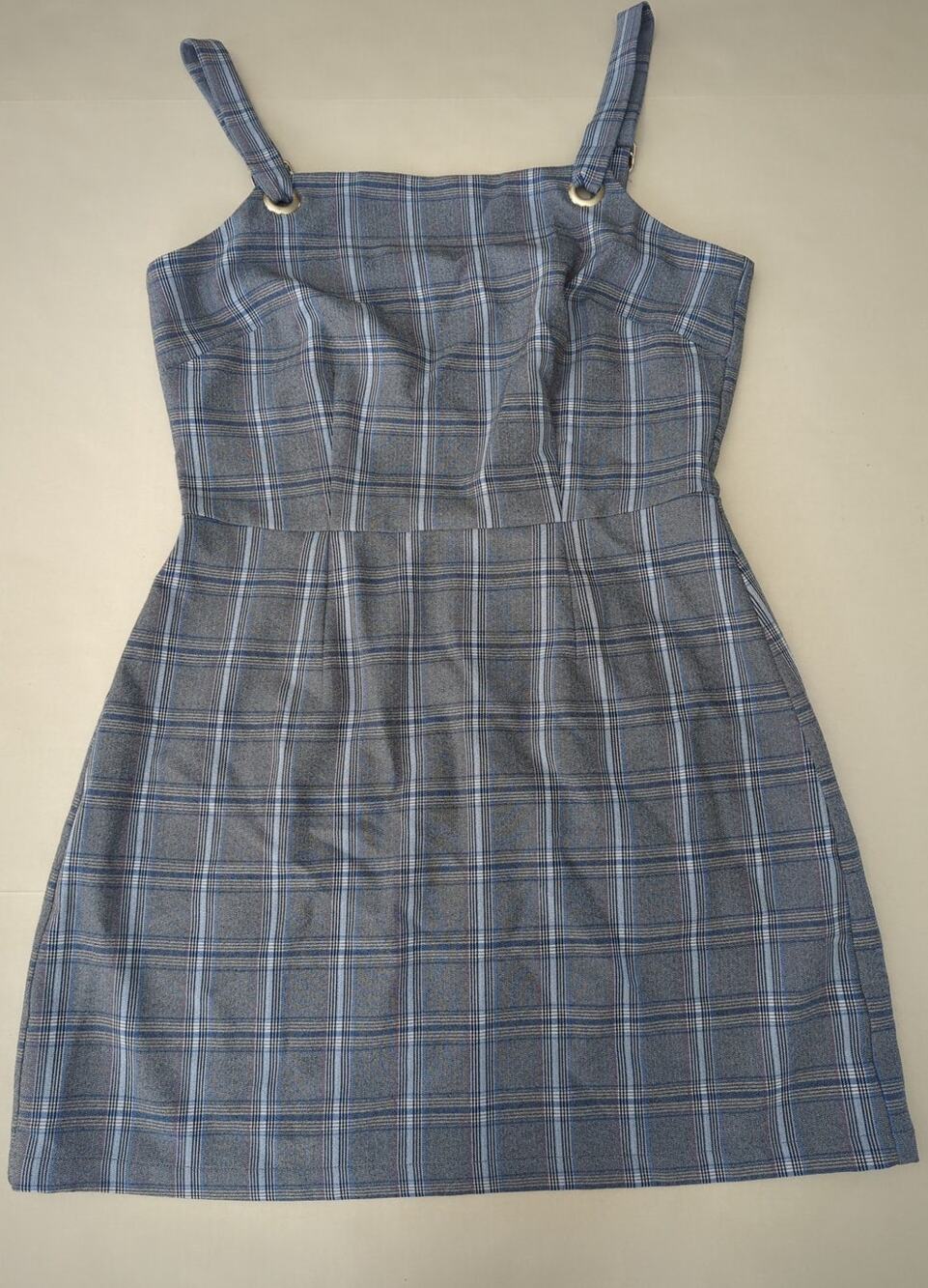 Bebop Square Neck Blue Plaid Midi Dress Jumper Silver Grommets Women's Size M
